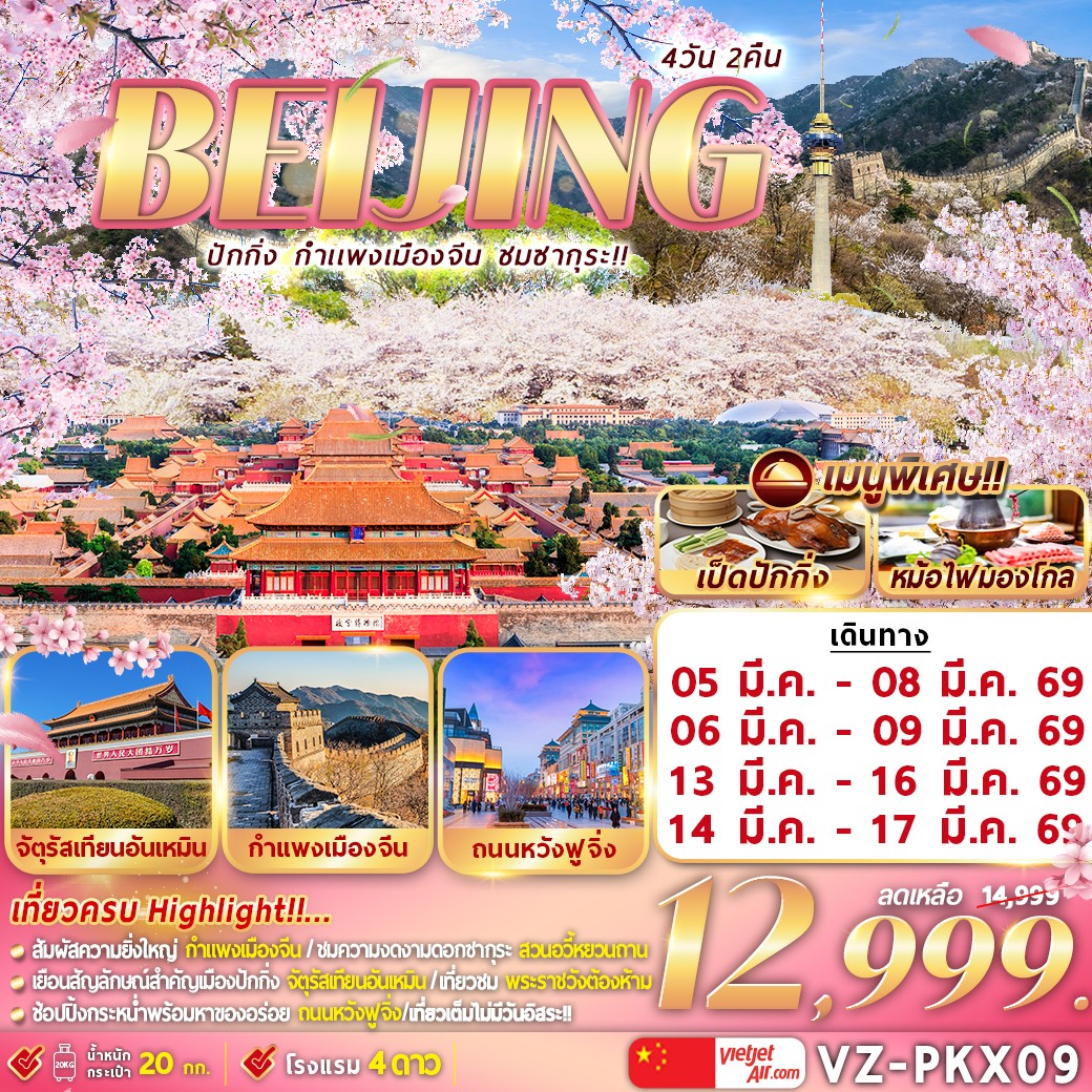 BEIJING ซากุระบาน ปักกิ่ง กำแพงเมืองจีน 4 วัน 2 คืน (VZ)